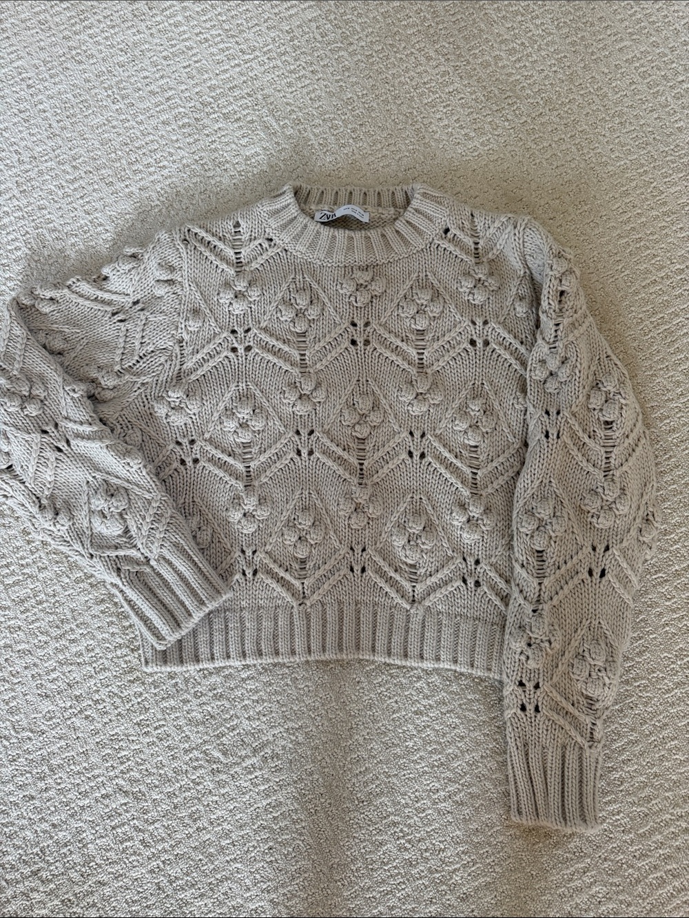 Zara Cream Pointelle Knit Crewneck Sweater